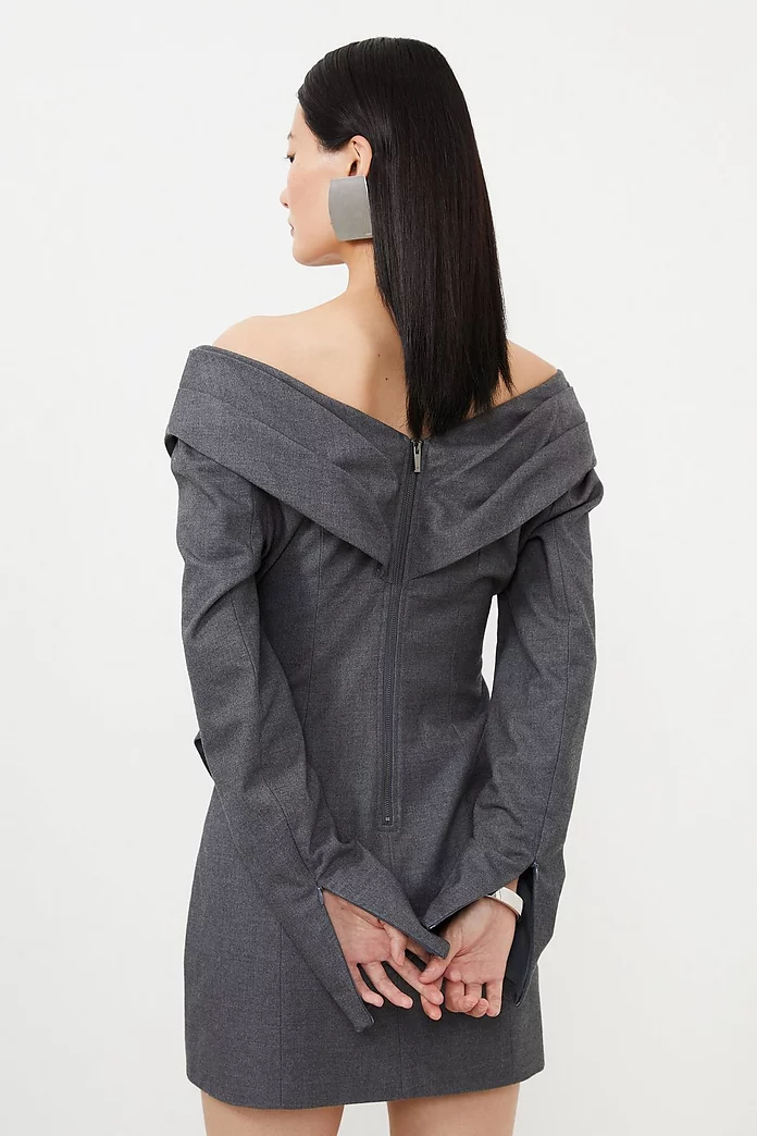 Grey Marl Woven Wool Mix Off The Shoulder Mini Dress | Karen Grey Marl Woven Wool Mix Off The Shoulder Mini Dress | Karen